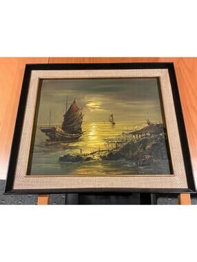 Vintage Hong Kong Harbor Oil Painting – Chinese Junk Boats – Signed  Framed